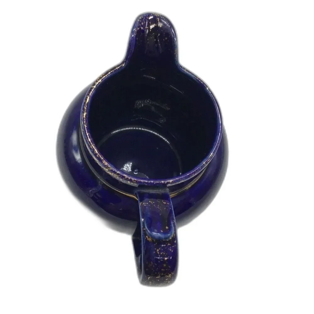 Vintage Indigo Blue Ceramic Creamer Small Pitcher 4 In Gold Speckle Trim Jug